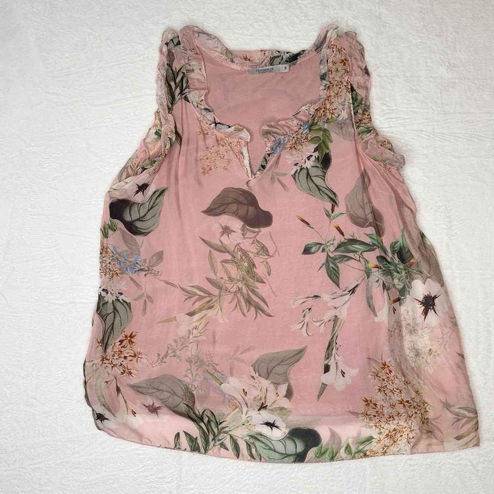 Tendenze Italy Silk Blend Pink Floral Ruffle Tank Top Boho Cottagecore Fairy M